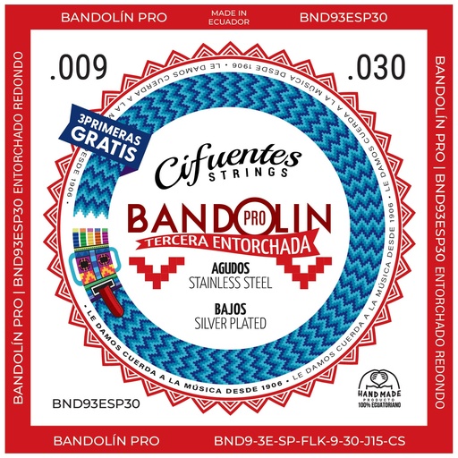 [BND9-3E-SP-FLK-9-30-J15-CS] Juego-Bandolin-Ecuatoriano-3ra Entorchada-09-30-Silver Plated-15 Cuerdas